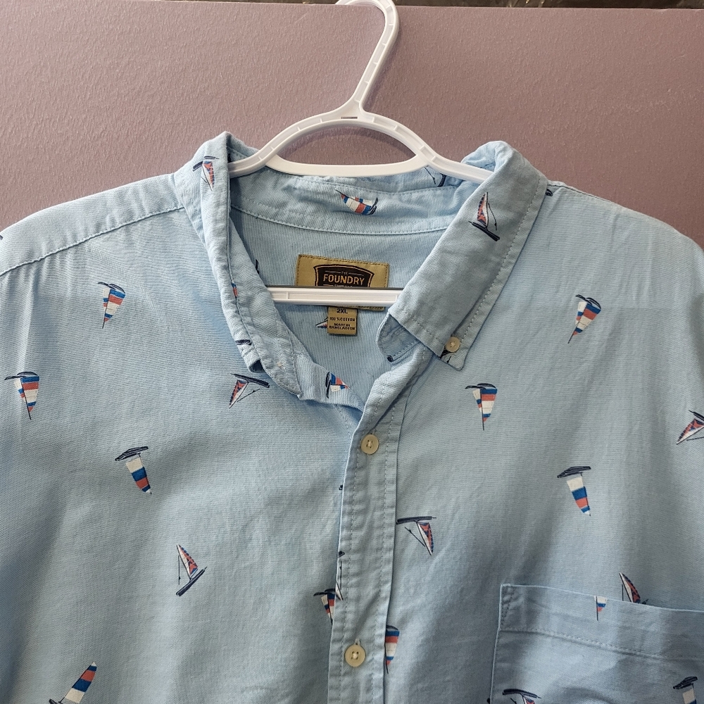 The Foundry Supply Co Blue‎ Casual Button Down Shirt w/Nautical Sailboat Pattern